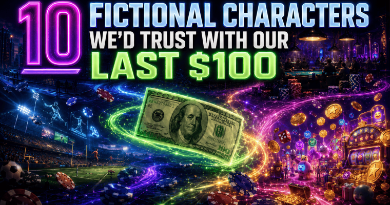 Colorful illustration featuring a $100 bill, casino chips, sportsbook imagery, slot machines, and the headline '10 Fictional Characters We'd Trust With Our Last $100.'"