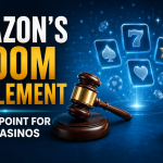 Amazon social casino settlement graphic featuring a judge's gavel, casino game icons, poker chips, a player-protection shield, and an upward growth chart, illustrating the potential impact of a reported $200 million settlement on the social casino industry.