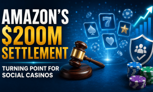 Amazon social casino settlement graphic featuring a judge's gavel, casino game icons, poker chips, a player-protection shield, and an upward growth chart, illustrating the potential impact of a reported $200 million settlement on the social casino industry.