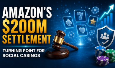 Amazon social casino settlement graphic featuring a judge's gavel, casino game icons, poker chips, a player-protection shield, and an upward growth chart, illustrating the potential impact of a reported $200 million settlement on the social casino industry.