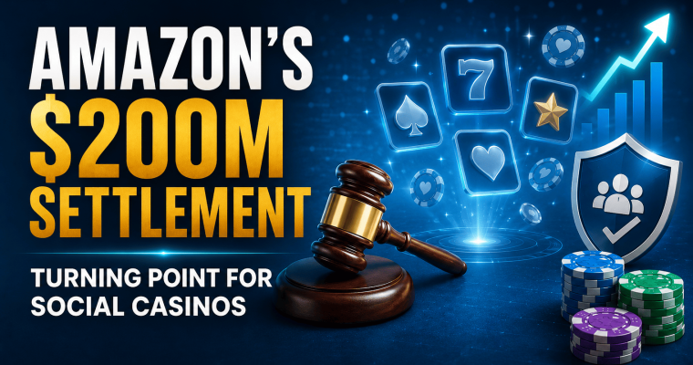 Amazon social casino settlement graphic featuring a judge's gavel, casino game icons, poker chips, a player-protection shield, and an upward growth chart, illustrating the potential impact of a reported $200 million settlement on the social casino industry.