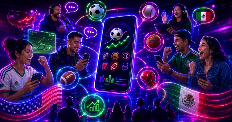 Illustration showing the growing influence of Hispanic sports fans on the U.S. sports betting industry. A large smartphone displaying sports betting data and betting options sits at the center, surrounded by icons representing soccer, baseball, basketball, American football, boxing, and sports analytics. Multiple people use mobile devices while engaging with sports-related content, including live streams, podcasts, and betting apps. The U.S. and Mexican flags appear prominently at the bottom, while speech bubbles, sports imagery, and neon connection lines link users to the central betting platform. The image uses vibrant blue, purple, pink, and green neon lighting to emphasize mobile engagement, sports culture, and the cross-border influence of Hispanic communities on sports wagering in the United States.