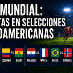 Promotional graphic about World Cup betting on Latin American national soccer teams. Large white text reads, “Copa Mundial: Apuestas en Selecciones Latinoamericanas.” On the right, a brightly lit soccer stadium shows players competing on the field at night. Along the bottom, five matchup cards display national flags and team pairings: Argentina vs. Cape Verde, Colombia vs. Ghana, Paraguay vs. France, Brazil vs. Norway, and Mexico vs. England. Dark blue background with stadium lights and green field accents.