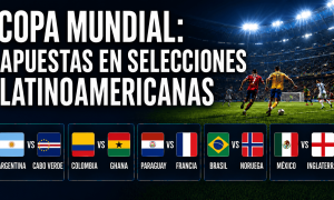 Promotional graphic about World Cup betting on Latin American national soccer teams. Large white text reads, “Copa Mundial: Apuestas en Selecciones Latinoamericanas.” On the right, a brightly lit soccer stadium shows players competing on the field at night. Along the bottom, five matchup cards display national flags and team pairings: Argentina vs. Cape Verde, Colombia vs. Ghana, Paraguay vs. France, Brazil vs. Norway, and Mexico vs. England. Dark blue background with stadium lights and green field accents.