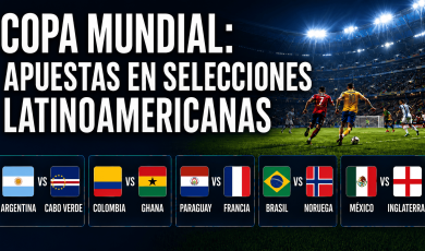 Promotional graphic about World Cup betting on Latin American national soccer teams. Large white text reads, “Copa Mundial: Apuestas en Selecciones Latinoamericanas.” On the right, a brightly lit soccer stadium shows players competing on the field at night. Along the bottom, five matchup cards display national flags and team pairings: Argentina vs. Cape Verde, Colombia vs. Ghana, Paraguay vs. France, Brazil vs. Norway, and Mexico vs. England. Dark blue background with stadium lights and green field accents.