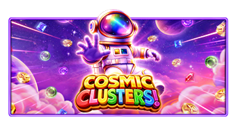 Promotional artwork for the online slot game “Cosmic Clusters!” featuring a cartoon astronaut floating in a colorful outer-space scene. The astronaut reaches forward with one hand while surrounded by glowing planets, stars, gemstones, coins, and floating game symbols. The background is filled with vibrant shades of purple, pink, and blue, with clouds and celestial objects creating a whimsical cosmic atmosphere. The game title “COSMIC CLUSTERS!” appears prominently at the bottom center in large orange-and-yellow 3D lettering.