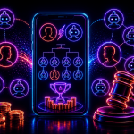 Neon-style illustration depicting a legal dispute involving competitive gaming platforms. At the center, a smartphone displays a tournament bracket featuring human-player icons competing against multiple robot icons, with a trophy and stacks of coins at the bottom representing prize money. On both sides of the phone, connected networks of human and robot profiles suggest competition between real players and automated opponents. To the right, a judge’s gavel sits in front of a shield containing a courthouse icon, symbolizing a court ruling or legal action. Casino chips and coins appear in the foreground on the left. The image uses bright blue, purple, and pink neon lighting against a dark background to highlight themes of gaming, artificial intelligence, competition, and litigation.