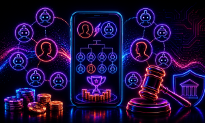 Neon-style illustration depicting a legal dispute involving competitive gaming platforms. At the center, a smartphone displays a tournament bracket featuring human-player icons competing against multiple robot icons, with a trophy and stacks of coins at the bottom representing prize money. On both sides of the phone, connected networks of human and robot profiles suggest competition between real players and automated opponents. To the right, a judge’s gavel sits in front of a shield containing a courthouse icon, symbolizing a court ruling or legal action. Casino chips and coins appear in the foreground on the left. The image uses bright blue, purple, and pink neon lighting against a dark background to highlight themes of gaming, artificial intelligence, competition, and litigation.