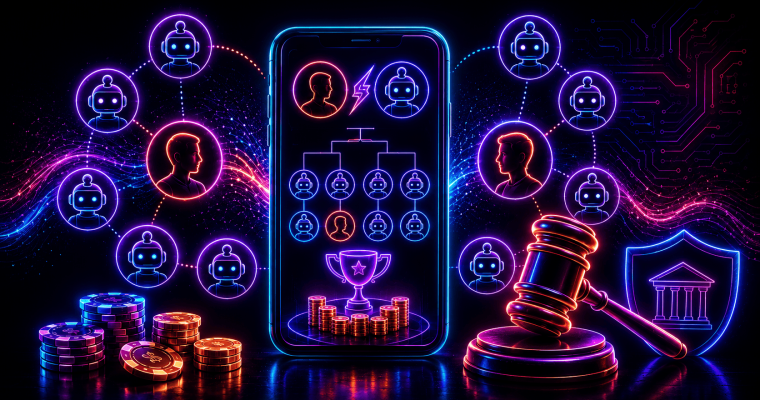 Neon-style illustration depicting a legal dispute involving competitive gaming platforms. At the center, a smartphone displays a tournament bracket featuring human-player icons competing against multiple robot icons, with a trophy and stacks of coins at the bottom representing prize money. On both sides of the phone, connected networks of human and robot profiles suggest competition between real players and automated opponents. To the right, a judge’s gavel sits in front of a shield containing a courthouse icon, symbolizing a court ruling or legal action. Casino chips and coins appear in the foreground on the left. The image uses bright blue, purple, and pink neon lighting against a dark background to highlight themes of gaming, artificial intelligence, competition, and litigation.