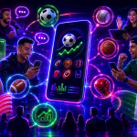 Illustration showing the growing influence of Hispanic sports fans on the U.S. sports betting industry. A large smartphone displaying sports betting data and betting options sits at the center, surrounded by icons representing soccer, baseball, basketball, American football, boxing, and sports analytics. Multiple people use mobile devices while engaging with sports-related content, including live streams, podcasts, and betting apps. The U.S. and Mexican flags appear prominently at the bottom, while speech bubbles, sports imagery, and neon connection lines link users to the central betting platform. The image uses vibrant blue, purple, pink, and green neon lighting to emphasize mobile engagement, sports culture, and the cross-border influence of Hispanic communities on sports wagering in the United States.