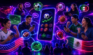 Illustration showing the growing influence of Hispanic sports fans on the U.S. sports betting industry. A large smartphone displaying sports betting data and betting options sits at the center, surrounded by icons representing soccer, baseball, basketball, American football, boxing, and sports analytics. Multiple people use mobile devices while engaging with sports-related content, including live streams, podcasts, and betting apps. The U.S. and Mexican flags appear prominently at the bottom, while speech bubbles, sports imagery, and neon connection lines link users to the central betting platform. The image uses vibrant blue, purple, pink, and green neon lighting to emphasize mobile engagement, sports culture, and the cross-border influence of Hispanic communities on sports wagering in the United States.