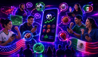 Illustration showing the growing influence of Hispanic sports fans on the U.S. sports betting industry. A large smartphone displaying sports betting data and betting options sits at the center, surrounded by icons representing soccer, baseball, basketball, American football, boxing, and sports analytics. Multiple people use mobile devices while engaging with sports-related content, including live streams, podcasts, and betting apps. The U.S. and Mexican flags appear prominently at the bottom, while speech bubbles, sports imagery, and neon connection lines link users to the central betting platform. The image uses vibrant blue, purple, pink, and green neon lighting to emphasize mobile engagement, sports culture, and the cross-border influence of Hispanic communities on sports wagering in the United States.