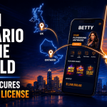 Promotional graphic announcing that Betty has secured an Alberta gaming license. Large white text on the left reads, “From Ontario to the World,” with smaller text below stating, “Betty Secures Alberta License.” The center features a smartphone displaying the Betty online casino app, including slots, live casino, table games, jackpots, featured games, and a jackpot amount. A stylized map highlights Ontario and the United Kingdom with location markers connected by glowing lines leading to Alberta on the right. Alberta is outlined in bright orange and filled with a city skyline at sunset beneath an “Alberta Licensed” badge. The background shows a modern city skyline reflected on water, with blue and orange neon accents throughout the design.
