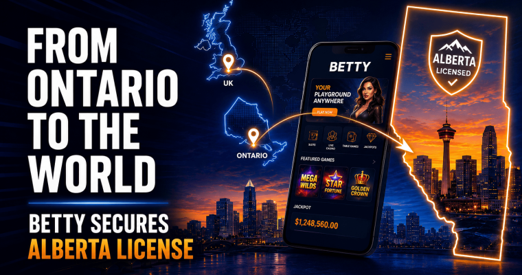 Promotional graphic announcing that Betty has secured an Alberta gaming license. Large white text on the left reads, “From Ontario to the World,” with smaller text below stating, “Betty Secures Alberta License.” The center features a smartphone displaying the Betty online casino app, including slots, live casino, table games, jackpots, featured games, and a jackpot amount. A stylized map highlights Ontario and the United Kingdom with location markers connected by glowing lines leading to Alberta on the right. Alberta is outlined in bright orange and filled with a city skyline at sunset beneath an “Alberta Licensed” badge. The background shows a modern city skyline reflected on water, with blue and orange neon accents throughout the design.