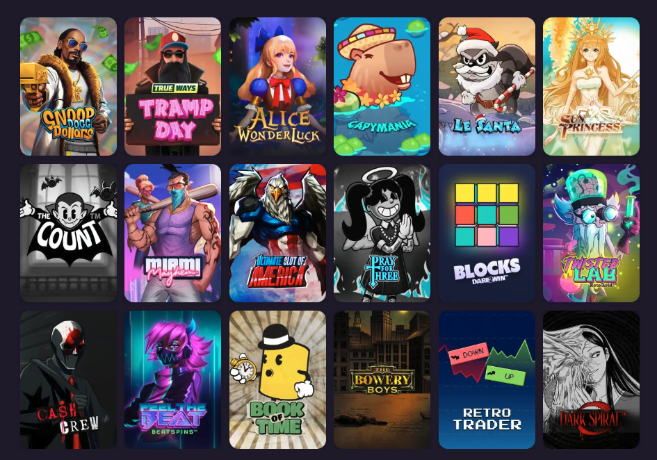 Screenshot of GoGoGold Casino's game lobby showing a selection of slot games, including Snoop Dollars, Tramp Day, Alice WonderLuck, Capymania, Lil Santa, Princess, The Count, Maximum Mayhem, Ultimate Slot of America, Pray For Here, Blocks, Twisted Lab, Cash Crew, Feel The Beat, Book of Time, Bowery Boys, Retro Trader, and Dark Spiral.