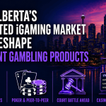 Infographic titled “How Alberta’s Regulated iGaming Market Will Reshape Different Gambling Products” over a vibrant city skyline at sunset with illuminated high-rise buildings, a tower, and a lit arch bridge reflected in a river. The left side features the outline of Alberta with large white and purple text. Along the bottom are four illustrated gambling categories: Daily Fantasy Sports with a football player icon, Poker & Peer-to-Peer with playing cards and poker chips, Court Battle Ahead with a courthouse and gavel, and Casino & Sports Betting with a live betting screen, slot machine, and casino chip. The design uses purple and blue neon accents throughout.