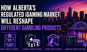 Infographic titled “How Alberta’s Regulated iGaming Market Will Reshape Different Gambling Products” over a vibrant city skyline at sunset with illuminated high-rise buildings, a tower, and a lit arch bridge reflected in a river. The left side features the outline of Alberta with large white and purple text. Along the bottom are four illustrated gambling categories: Daily Fantasy Sports with a football player icon, Poker & Peer-to-Peer with playing cards and poker chips, Court Battle Ahead with a courthouse and gavel, and Casino & Sports Betting with a live betting screen, slot machine, and casino chip. The design uses purple and blue neon accents throughout.