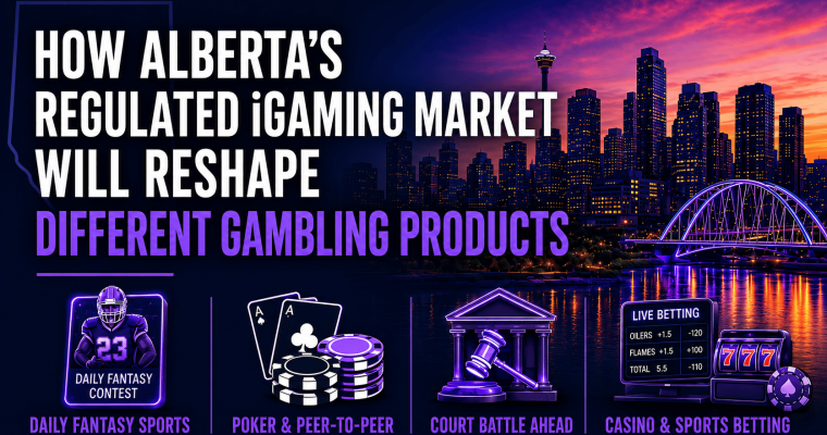 Infographic titled “How Alberta’s Regulated iGaming Market Will Reshape Different Gambling Products” over a vibrant city skyline at sunset with illuminated high-rise buildings, a tower, and a lit arch bridge reflected in a river. The left side features the outline of Alberta with large white and purple text. Along the bottom are four illustrated gambling categories: Daily Fantasy Sports with a football player icon, Poker & Peer-to-Peer with playing cards and poker chips, Court Battle Ahead with a courthouse and gavel, and Casino & Sports Betting with a live betting screen, slot machine, and casino chip. The design uses purple and blue neon accents throughout.