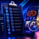 Alt text: Promotional graphic illustrating the evaluation of online casinos. On the left, a digital review panel from Bonus.com displays an overall casino rating of 4.5 out of 5 stars, with category scores for bonuses and promotions, game selection, and payouts and security, along with a “Safe & Trusted – Reviewed & Verified” badge. In the center, a glowing checklist on a clipboard shows multiple evaluation criteria with check marks beside icons representing security, bonuses, payments, mobile experience, customer support, and other casino review factors. On the right, a smartphone displays online casino games including roulette, slot machine reels showing triple sevens, and playing cards. A magnifying glass highlights casino game imagery while dollar bills and gold coins appear to burst from the screen. The image uses blue, purple, and pink neon lighting to emphasize casino reviews, verification, and online gaming analysis.
