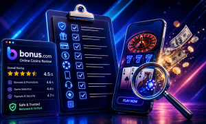 Alt text: Promotional graphic illustrating the evaluation of online casinos. On the left, a digital review panel from Bonus.com displays an overall casino rating of 4.5 out of 5 stars, with category scores for bonuses and promotions, game selection, and payouts and security, along with a “Safe & Trusted – Reviewed & Verified” badge. In the center, a glowing checklist on a clipboard shows multiple evaluation criteria with check marks beside icons representing security, bonuses, payments, mobile experience, customer support, and other casino review factors. On the right, a smartphone displays online casino games including roulette, slot machine reels showing triple sevens, and playing cards. A magnifying glass highlights casino game imagery while dollar bills and gold coins appear to burst from the screen. The image uses blue, purple, and pink neon lighting to emphasize casino reviews, verification, and online gaming analysis.