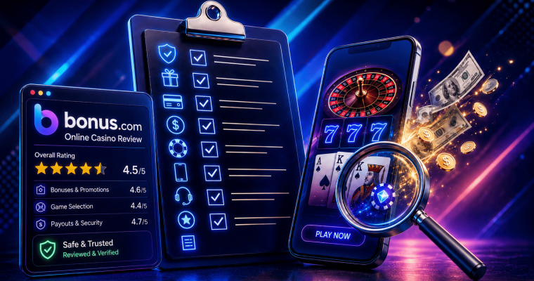 Alt text: Promotional graphic illustrating the evaluation of online casinos. On the left, a digital review panel from Bonus.com displays an overall casino rating of 4.5 out of 5 stars, with category scores for bonuses and promotions, game selection, and payouts and security, along with a “Safe & Trusted – Reviewed & Verified” badge. In the center, a glowing checklist on a clipboard shows multiple evaluation criteria with check marks beside icons representing security, bonuses, payments, mobile experience, customer support, and other casino review factors. On the right, a smartphone displays online casino games including roulette, slot machine reels showing triple sevens, and playing cards. A magnifying glass highlights casino game imagery while dollar bills and gold coins appear to burst from the screen. The image uses blue, purple, and pink neon lighting to emphasize casino reviews, verification, and online gaming analysis.