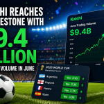 Digital illustration displaying Kalshi's record $9.4 billion June trading volume. The image includes a stadium backdrop, a rising trading-volume chart on a tablet, a World Cup prediction market board showing teams and odds, a soccer ball, and the World Cup trophy, highlighting the impact of World Cup trading activity on prediction markets.