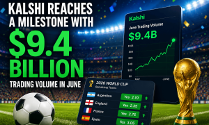 Digital illustration displaying Kalshi's record $9.4 billion June trading volume. The image includes a stadium backdrop, a rising trading-volume chart on a tablet, a World Cup prediction market board showing teams and odds, a soccer ball, and the World Cup trophy, highlighting the impact of World Cup trading activity on prediction markets.