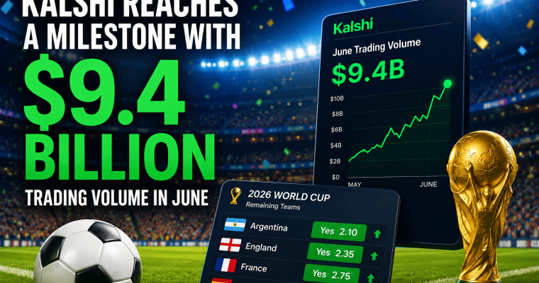 Digital illustration displaying Kalshi's record $9.4 billion June trading volume. The image includes a stadium backdrop, a rising trading-volume chart on a tablet, a World Cup prediction market board showing teams and odds, a soccer ball, and the World Cup trophy, highlighting the impact of World Cup trading activity on prediction markets.