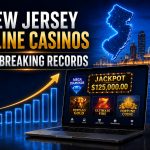 New Jersey online casinos reach record revenue levels with a rising growth chart, online casino games, jackpot displays, and the Atlantic City skyline.