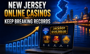 New Jersey online casinos reach record revenue levels with a rising growth chart, online casino games, jackpot displays, and the Atlantic City skyline.