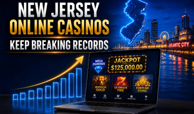 New Jersey online casinos reach record revenue levels with a rising growth chart, online casino games, jackpot displays, and the Atlantic City skyline.