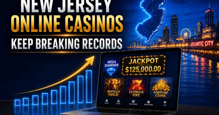 New Jersey online casinos reach record revenue levels with a rising growth chart, online casino games, jackpot displays, and the Atlantic City skyline.