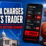 Graphic illustrating the Fresno State basketball betting scandal, featuring a mobile sportsbook displaying player prop under bets, a basketball, a judge's gavel, the Nevada state capitol, and Las Vegas signage. Text reads: "Nevada Charges Sports Trader – Fresno State Betting Scheme."
