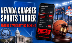 Graphic illustrating the Fresno State basketball betting scandal, featuring a mobile sportsbook displaying player prop under bets, a basketball, a judge's gavel, the Nevada state capitol, and Las Vegas signage. Text reads: "Nevada Charges Sports Trader – Fresno State Betting Scheme."