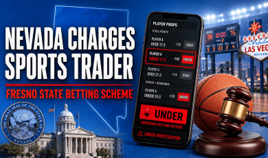 Graphic illustrating the Fresno State basketball betting scandal, featuring a mobile sportsbook displaying player prop under bets, a basketball, a judge's gavel, the Nevada state capitol, and Las Vegas signage. Text reads: 