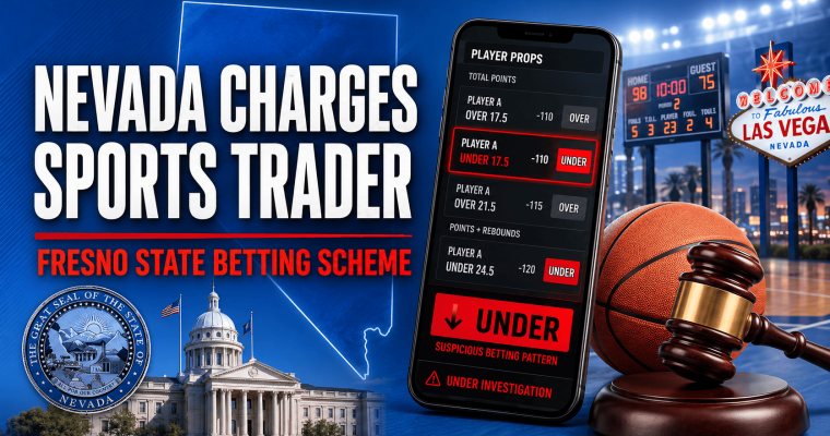 Graphic illustrating the Fresno State basketball betting scandal, featuring a mobile sportsbook displaying player prop under bets, a basketball, a judge's gavel, the Nevada state capitol, and Las Vegas signage. Text reads: "Nevada Charges Sports Trader – Fresno State Betting Scheme."