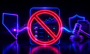 Neon-style graphic illustrating sports betting restrictions or regulatory challenges. At the center, a digital sports betting interface displaying market charts and betting options for football, basketball, soccer, and baseball is covered by a large red prohibition symbol. On the left, an outline of the state of Nevada glows in blue and purple. On the right, a judge’s gavel appears in front of a shield and legal document, symbolizing regulation, compliance, or legal action. Blue and purple energy streams connect the elements against a dark background, emphasizing the intersection of sports wagering, state oversight, and gaming law.