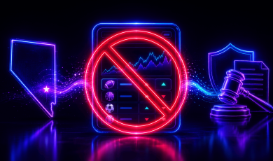 Neon-style graphic illustrating sports betting restrictions or regulatory challenges. At the center, a digital sports betting interface displaying market charts and betting options for football, basketball, soccer, and baseball is covered by a large red prohibition symbol. On the left, an outline of the state of Nevada glows in blue and purple. On the right, a judge’s gavel appears in front of a shield and legal document, symbolizing regulation, compliance, or legal action. Blue and purple energy streams connect the elements against a dark background, emphasizing the intersection of sports wagering, state oversight, and gaming law.