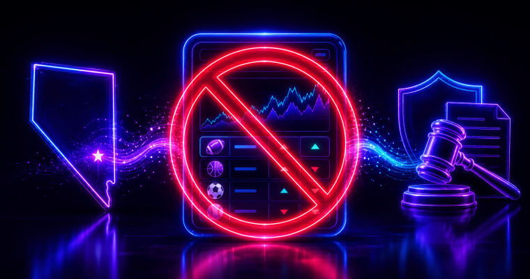 Neon-style graphic illustrating sports betting restrictions or regulatory challenges. At the center, a digital sports betting interface displaying market charts and betting options for football, basketball, soccer, and baseball is covered by a large red prohibition symbol. On the left, an outline of the state of Nevada glows in blue and purple. On the right, a judge’s gavel appears in front of a shield and legal document, symbolizing regulation, compliance, or legal action. Blue and purple energy streams connect the elements against a dark background, emphasizing the intersection of sports wagering, state oversight, and gaming law.