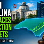 Illustration of North Carolina's state capitol building alongside a digital prediction market dashboard, a rising market graph over the outline of North Carolina, and a judge's gavel representing regulation. Text reads: "North Carolina Embraces Prediction Markets, Other States Fight Them."