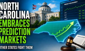 Illustration of North Carolina's state capitol building alongside a digital prediction market dashboard, a rising market graph over the outline of North Carolina, and a judge's gavel representing regulation. Text reads: "North Carolina Embraces Prediction Markets, Other States Fight Them."