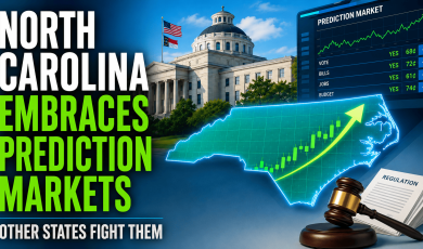 Illustration of North Carolina's state capitol building alongside a digital prediction market dashboard, a rising market graph over the outline of North Carolina, and a judge's gavel representing regulation. Text reads: 
