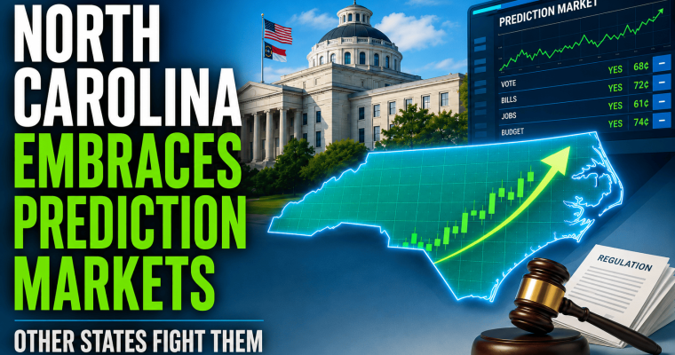 Illustration of North Carolina's state capitol building alongside a digital prediction market dashboard, a rising market graph over the outline of North Carolina, and a judge's gavel representing regulation. Text reads: "North Carolina Embraces Prediction Markets, Other States Fight Them."