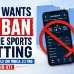 Graphic advocating against mobile sports betting in Ohio. Large text reads, “OHIO WANTS TO BAN ONLINE SPORTS BETTING” and “NEW BILL WOULD END MOBILE BETTING – HB 971.” On the right, a smartphone displaying a sports betting app is overlaid with a red prohibition symbol inside the outline of the state of Ohio. The Ohio Statehouse appears in the background with U.S. and Ohio flags above it. Red, white, and blue colors emphasize the political and legislative theme.