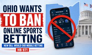 Graphic advocating against mobile sports betting in Ohio. Large text reads, “OHIO WANTS TO BAN ONLINE SPORTS BETTING” and “NEW BILL WOULD END MOBILE BETTING – HB 971.” On the right, a smartphone displaying a sports betting app is overlaid with a red prohibition symbol inside the outline of the state of Ohio. The Ohio Statehouse appears in the background with U.S. and Ohio flags above it. Red, white, and blue colors emphasize the political and legislative theme.