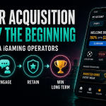Promotional graphic titled “Player Acquisition Is Only the Beginning for Alberta iGaming Operators,” featuring a mobile betting app screen and a customer lifecycle path: Acquire, Engage, Retain, and Win Long Term.