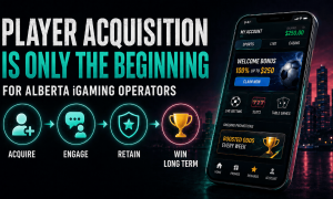 Promotional graphic titled “Player Acquisition Is Only the Beginning for Alberta iGaming Operators,” featuring a mobile betting app screen and a customer lifecycle path: Acquire, Engage, Retain, and Win Long Term.