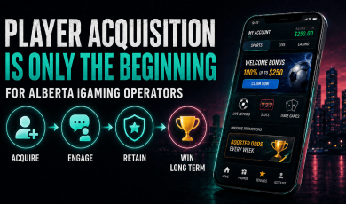 Promotional graphic titled “Player Acquisition Is Only the Beginning for Alberta iGaming Operators,” featuring a mobile betting app screen and a customer lifecycle path: Acquire, Engage, Retain, and Win Long Term.