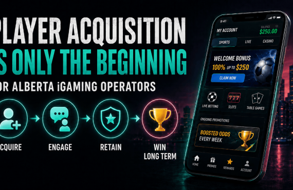 Promotional graphic titled “Player Acquisition Is Only the Beginning for Alberta iGaming Operators,” featuring a mobile betting app screen and a customer lifecycle path: Acquire, Engage, Retain, and Win Long Term.