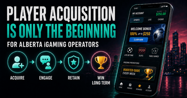 Promotional graphic titled “Player Acquisition Is Only the Beginning for Alberta iGaming Operators,” featuring a mobile betting app screen and a customer lifecycle path: Acquire, Engage, Retain, and Win Long Term.